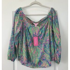 Lilly Pulitzer Adira Silk Off The Shoulder Top L Pink Sunset Breeze Stretch NWT